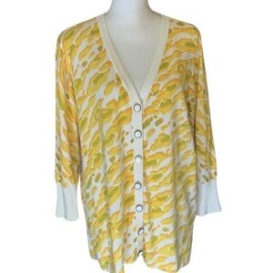 Bob Mackie yellow/White V-neck cardigan, cotton blend, bright, large